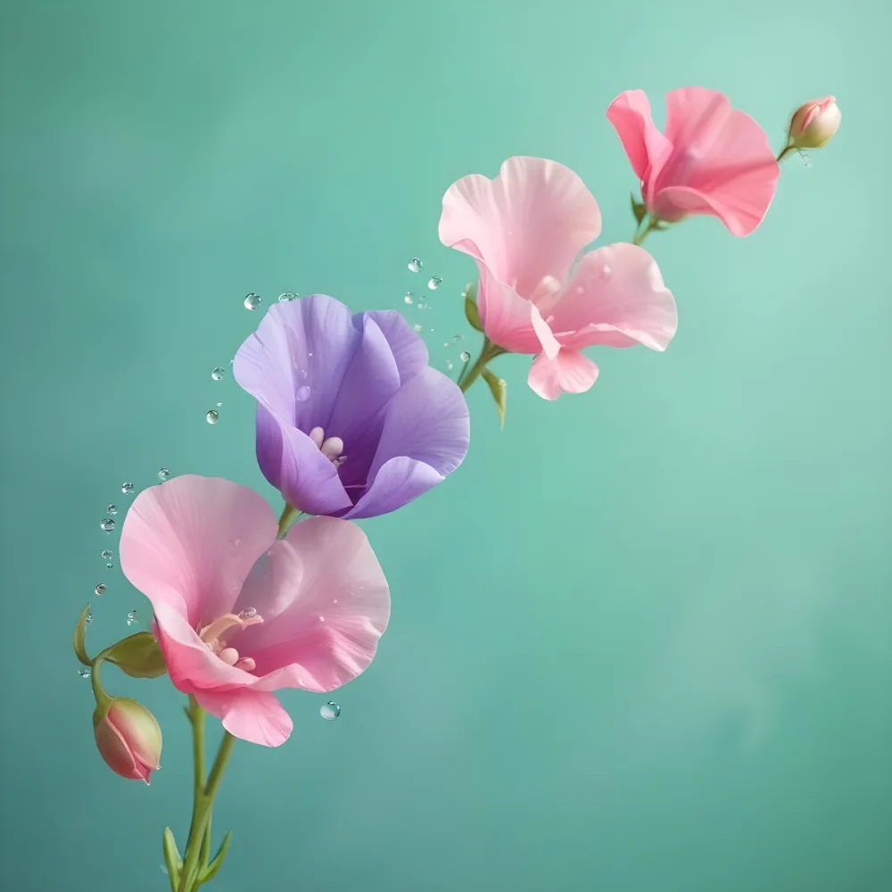 Three Colorful Sweet Pea Flowers With Water Droplets On A Light Green Background Pastel Colors Soft Lighting Elegant Whimsical Dreamy Floral Design Vibrant Detailed Petals 34 E7e3