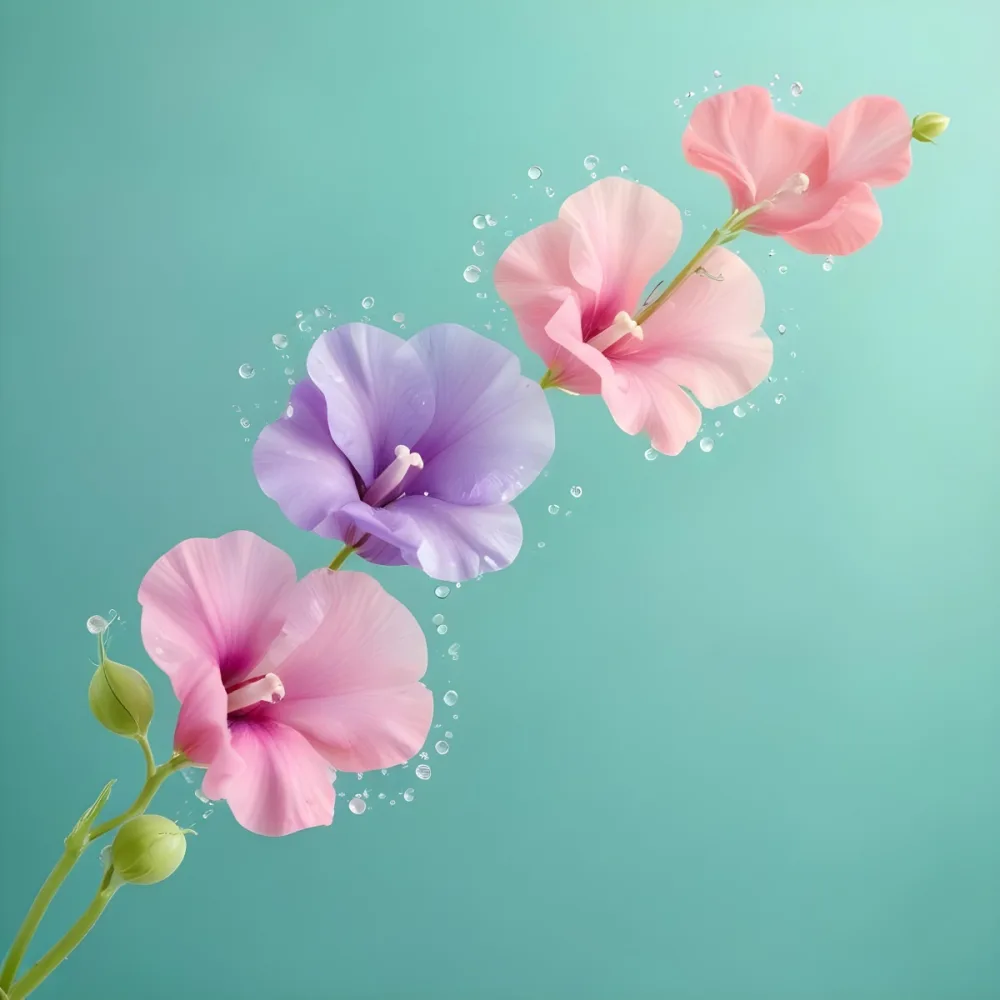 Three Colorful Sweet Pea Flowers With Water Droplets On A Light Green Background Pastel Colors Soft Lighting Elegant Whimsical Dreamy Floral Design Vibrant Detailed Petals 37 3e4b