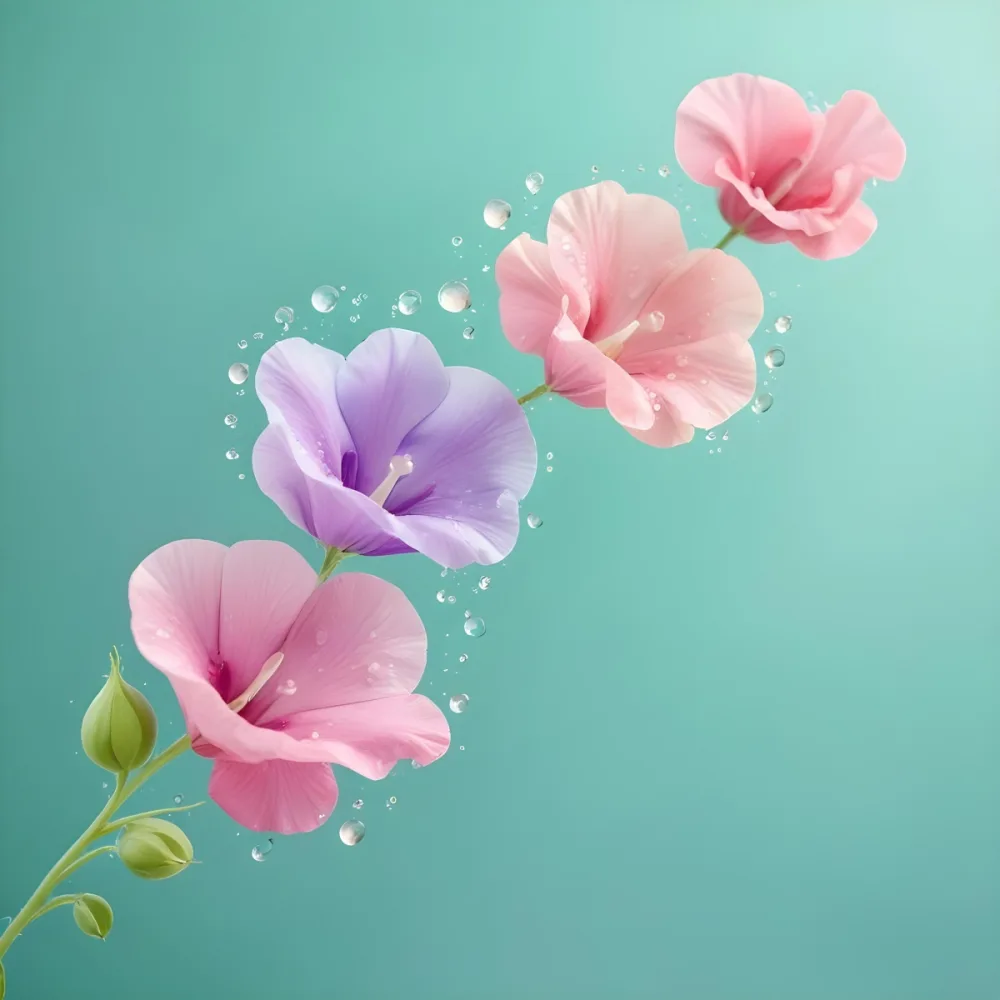 Three Colorful Sweet Pea Flowers With Water Droplets On A Light Green Background Pastel Colors Soft Lighting Elegant Whimsical Dreamy Floral Design Vibrant Detailed Petals 38 Cbc1