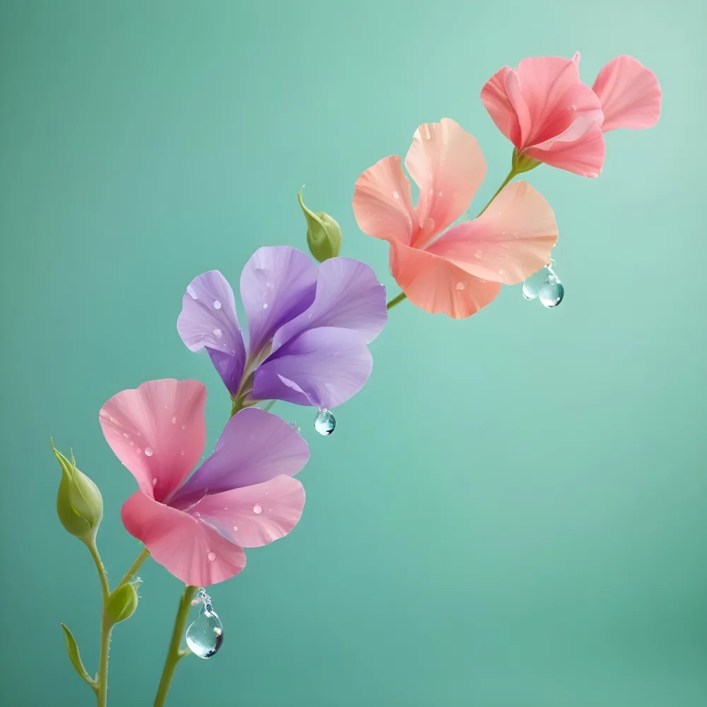 Three Colorful Sweet Pea Flowers With Water Droplets On A Light Green Background Pastel Colors Soft Lighting Elegant Whimsical Dreamy Floral Design Vibrant Detailed Petals 43 2e2c