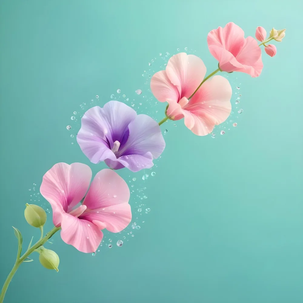 Three Colorful Sweet Pea Flowers With Water Droplets On A Light Green Background Pastel Colors Soft Lighting Elegant Whimsical Dreamy Floral Design Vibrant Detailed Petals 44 7147