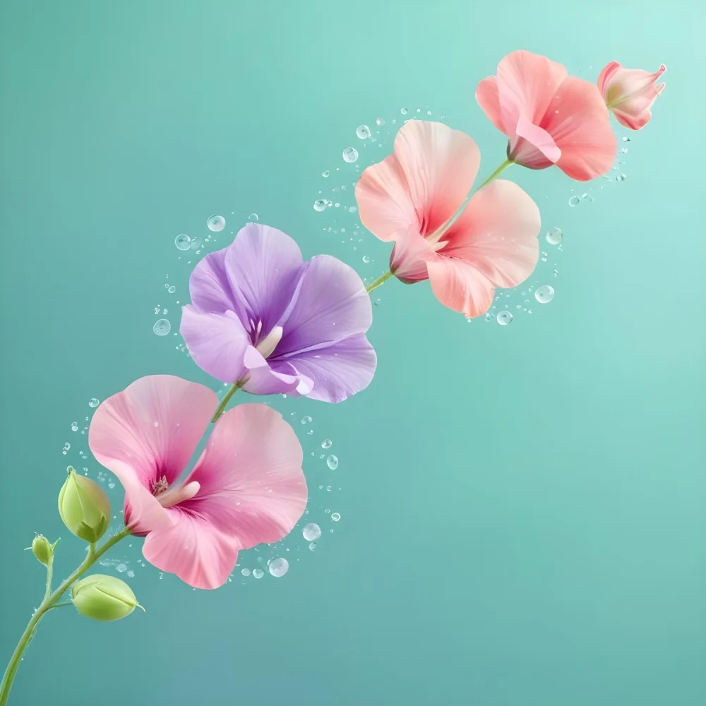 Three Colorful Sweet Pea Flowers With Water Droplets On A Light Green Background Pastel Colors Soft Lighting Elegant Whimsical Dreamy Floral Design Vibrant Detailed Petals 45 0396
