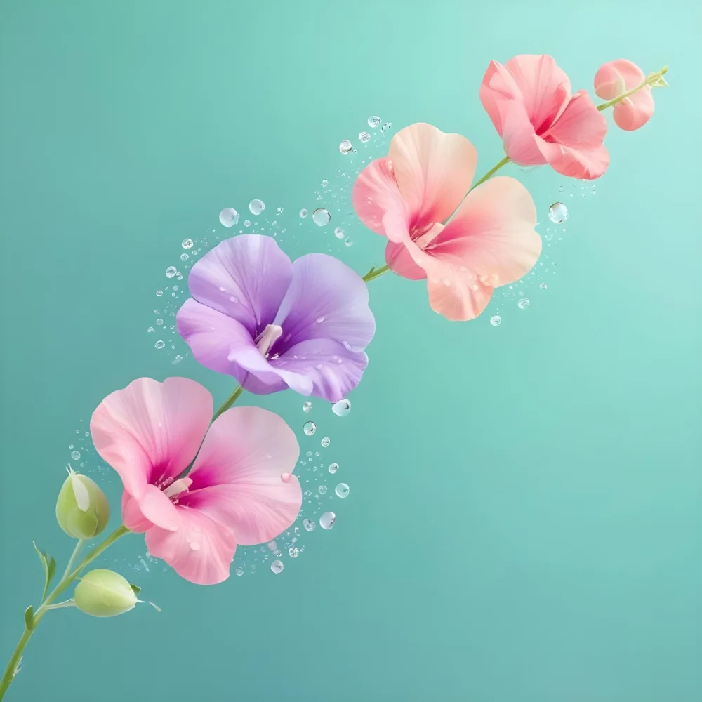 Three Colorful Sweet Pea Flowers With Water Droplets On A Light Green Background Pastel Colors Soft Lighting Elegant Whimsical Dreamy Floral Design Vibrant Detailed Petals 47 3ba6