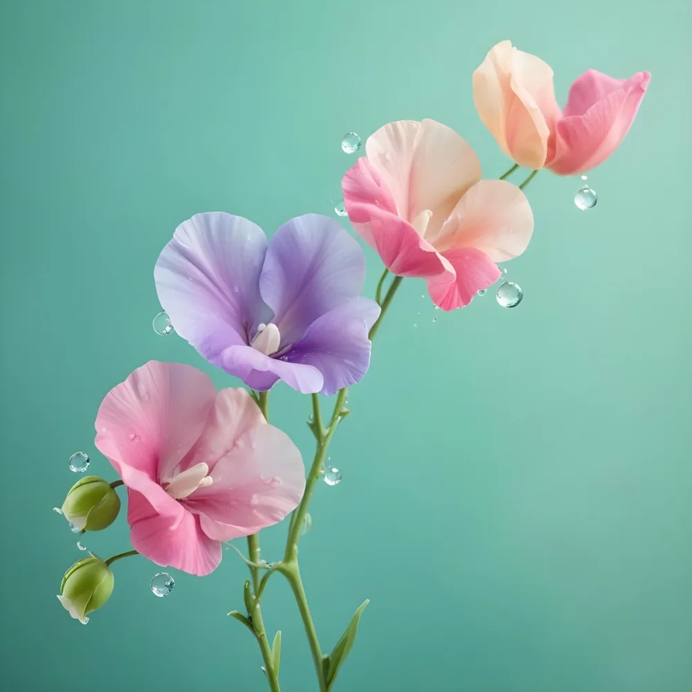 Three Colorful Sweet Pea Flowers With Water Droplets On A Light Green Background Pastel Colors Soft Lighting Elegant Whimsical Dreamy Floral Design Vibrant Detailed Petals 48 D119