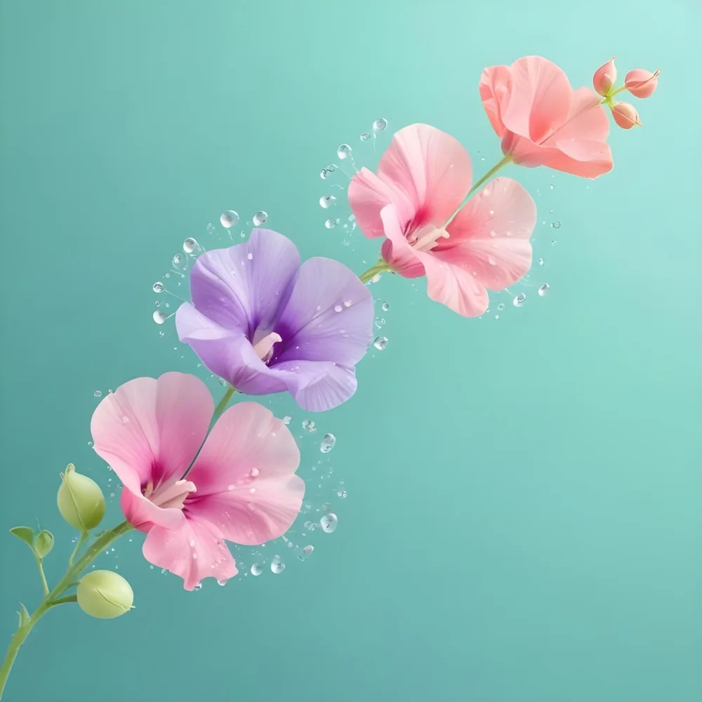 Three Colorful Sweet Pea Flowers With Water Droplets On A Light Green Background Pastel Colors Soft Lighting Elegant Whimsical Dreamy Floral Design Vibrant Detailed Petals 49 5f3f