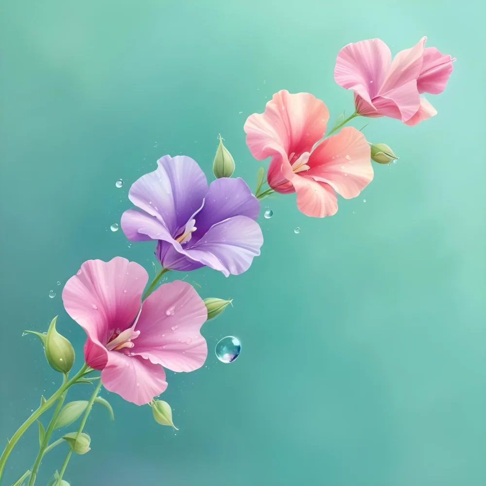 Three Colorful Sweet Pea Flowers With Water Droplets On A Light Green Background Pastel Colors Soft Lighting Elegant Whimsical Dreamy Floral Design Vibrant Detailed Petals 5 15e8