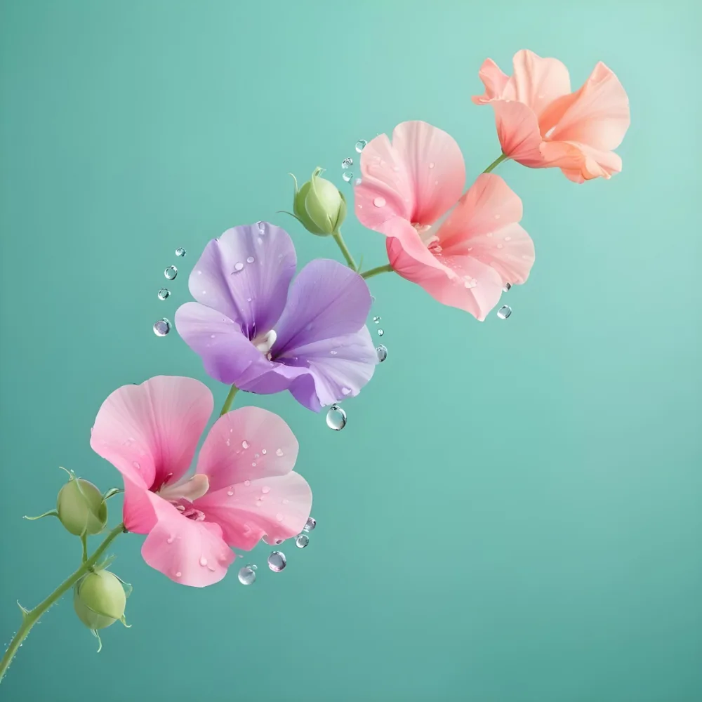 Three Colorful Sweet Pea Flowers With Water Droplets On A Light Green Background Pastel Colors Soft Lighting Elegant Whimsical Dreamy Floral Design Vibrant Detailed Petals 50 148a