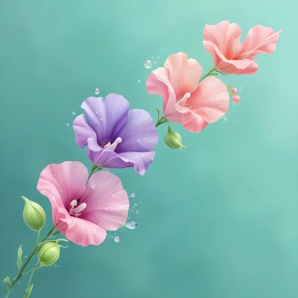 Three Colorful Sweet Pea Flowers With Water Droplets On A Light Green Background Pastel Colors Soft Lighting Elegant Whimsical Dreamy Floral Design Vibrant Detailed Petals 6 B6f9