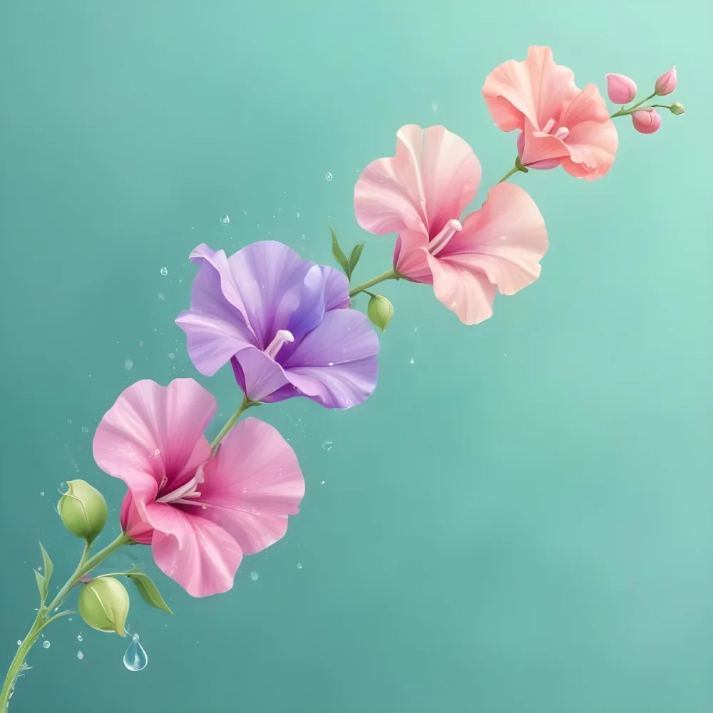 Three Colorful Sweet Pea Flowers With Water Droplets On A Light Green Background Pastel Colors Soft Lighting Elegant Whimsical Dreamy Floral Design Vibrant Detailed Petals 7 78aa