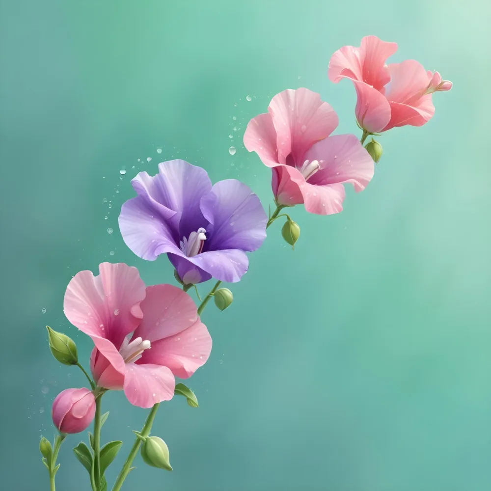 Three Colorful Sweet Pea Flowers With Water Droplets On A Light Green Background Pastel Colors Soft Lighting Elegant Whimsical Dreamy Floral Design Vibrant Detailed Petals 9 9ef6