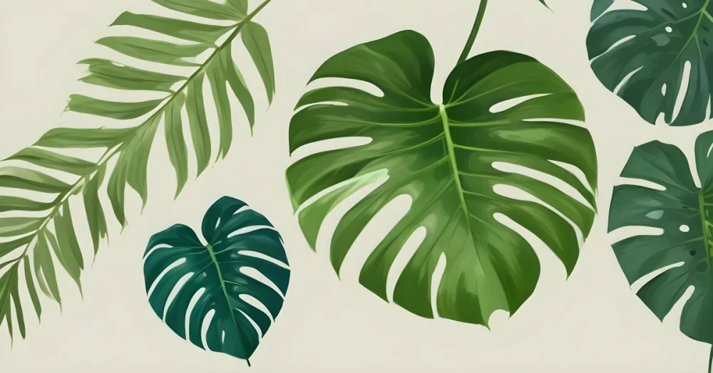 Three Green Leaves One Monstera One Heart Shaped And One Palm Leaf Over A Green Background 5 43d2