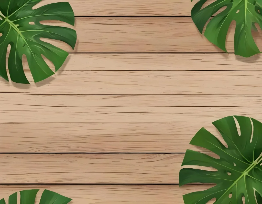 Three Green Monstera Leaves On A Wooden Surface The Leaves Are Positioned In The Corners Of The Frame The Wood Has A Light Brown Color 11 90d0