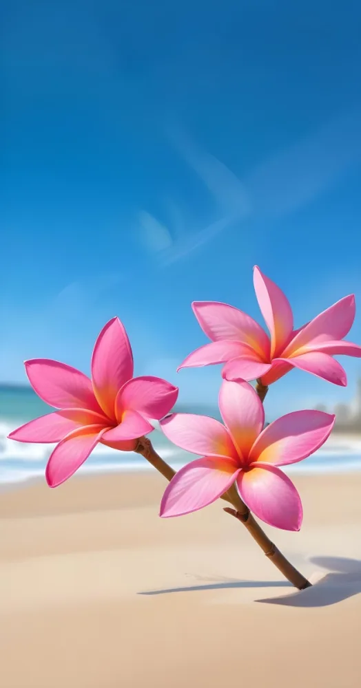 Three Pink Plumeria Flowers With Blue Centers Close Up Shot With A Blurred Background Of A Sandy Beach And A Clear Blue Sky 14 C4ad