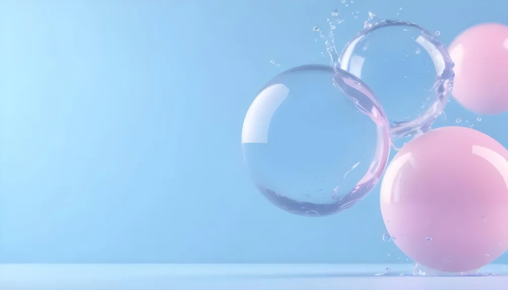 Three Transparent Spheres With Water Splashes One Of Them Is Blue In A Light Blue Background 30 9e34