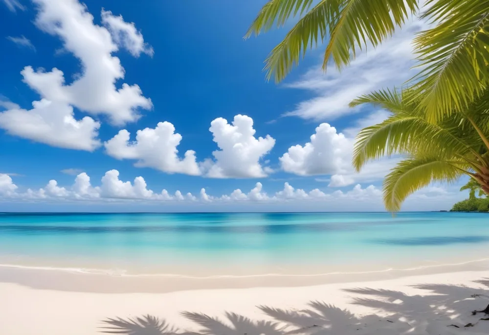 Tropical Beach With White Sand Clear Water And A Clear Blue Sky With Fluffy White Clouds Palm Tree Leaves In The Upper Right Corner 10 6f7f