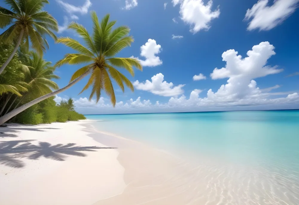 Tropical Beach With White Sand Clear Water And A Clear Blue Sky With Fluffy White Clouds Palm Tree Leaves In The Upper Right Corner 13 7b13