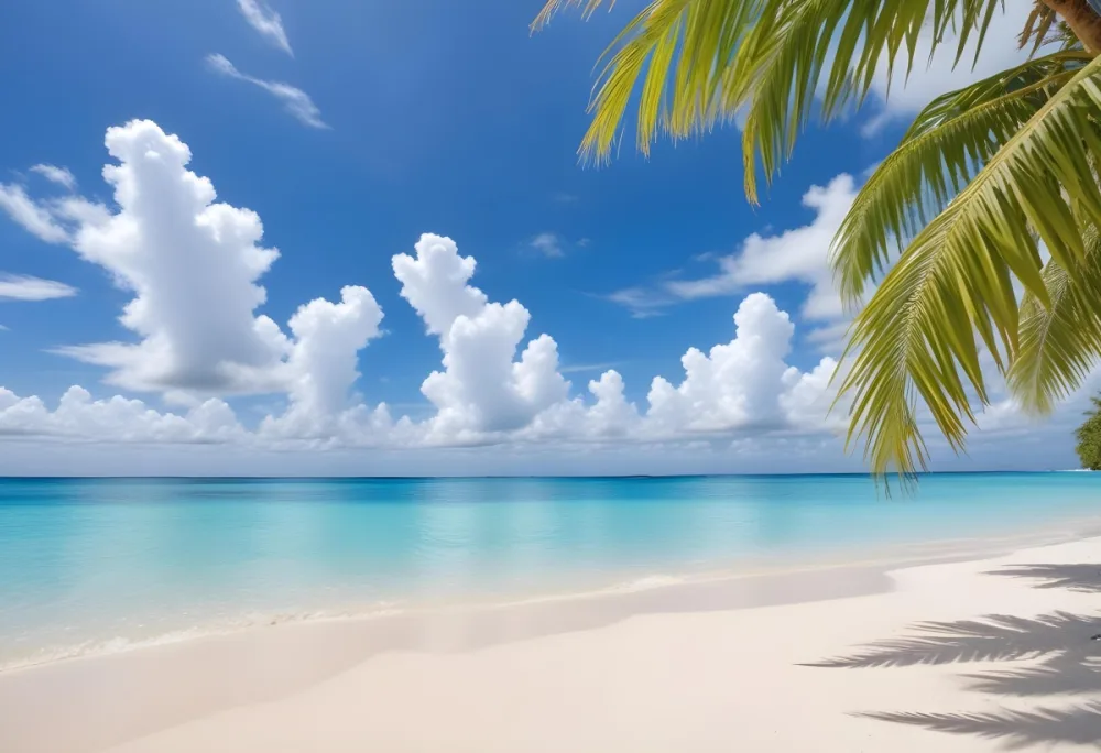 Tropical Beach With White Sand Clear Water And A Clear Blue Sky With Fluffy White Clouds Palm Tree Leaves In The Upper Right Corner 15 3dd5