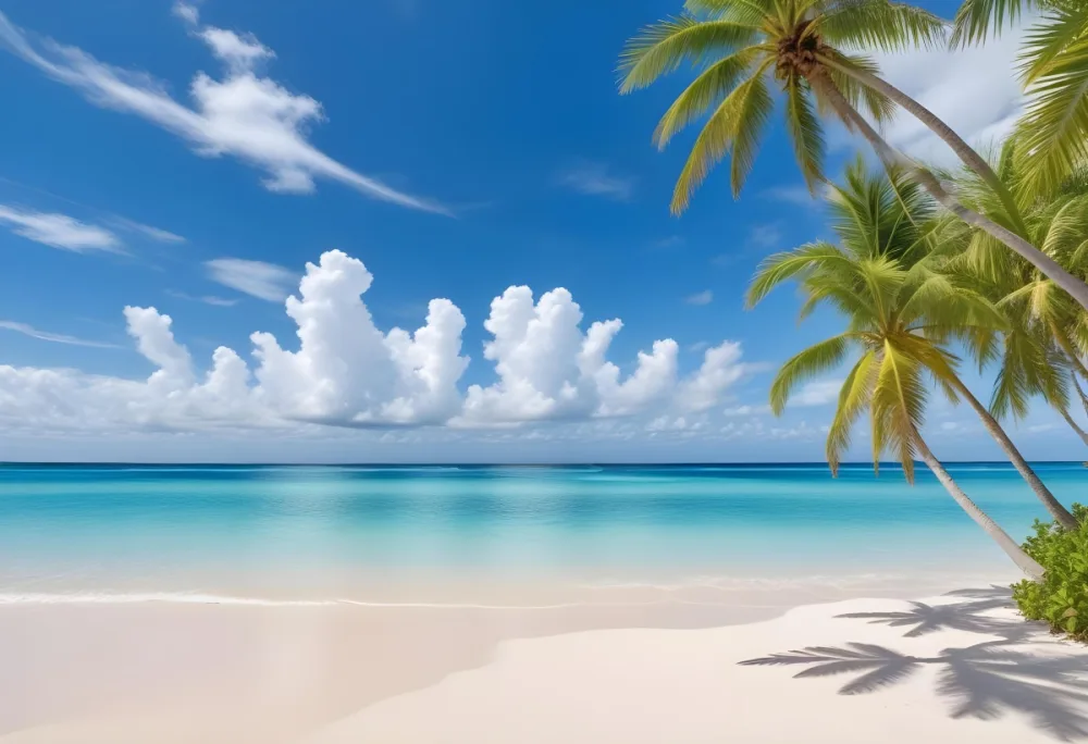 Tropical Beach With White Sand Clear Water And A Clear Blue Sky With Fluffy White Clouds Palm Tree Leaves In The Upper Right Corner 16 Ea02