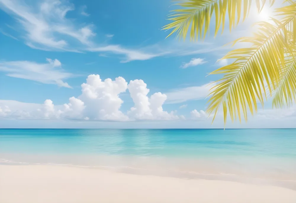 Tropical Beach With White Sand Clear Water And A Clear Blue Sky With Fluffy White Clouds Palm Tree Leaves In The Upper Right Corner 2 7a25