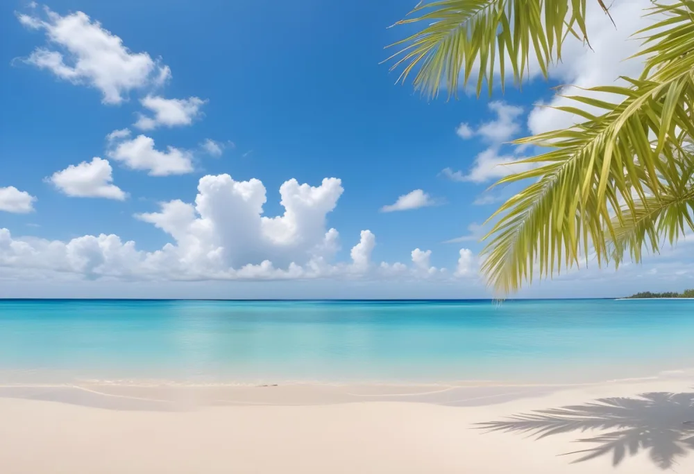 Tropical Beach With White Sand Clear Water And A Clear Blue Sky With Fluffy White Clouds Palm Tree Leaves In The Upper Right Corner 7 C048