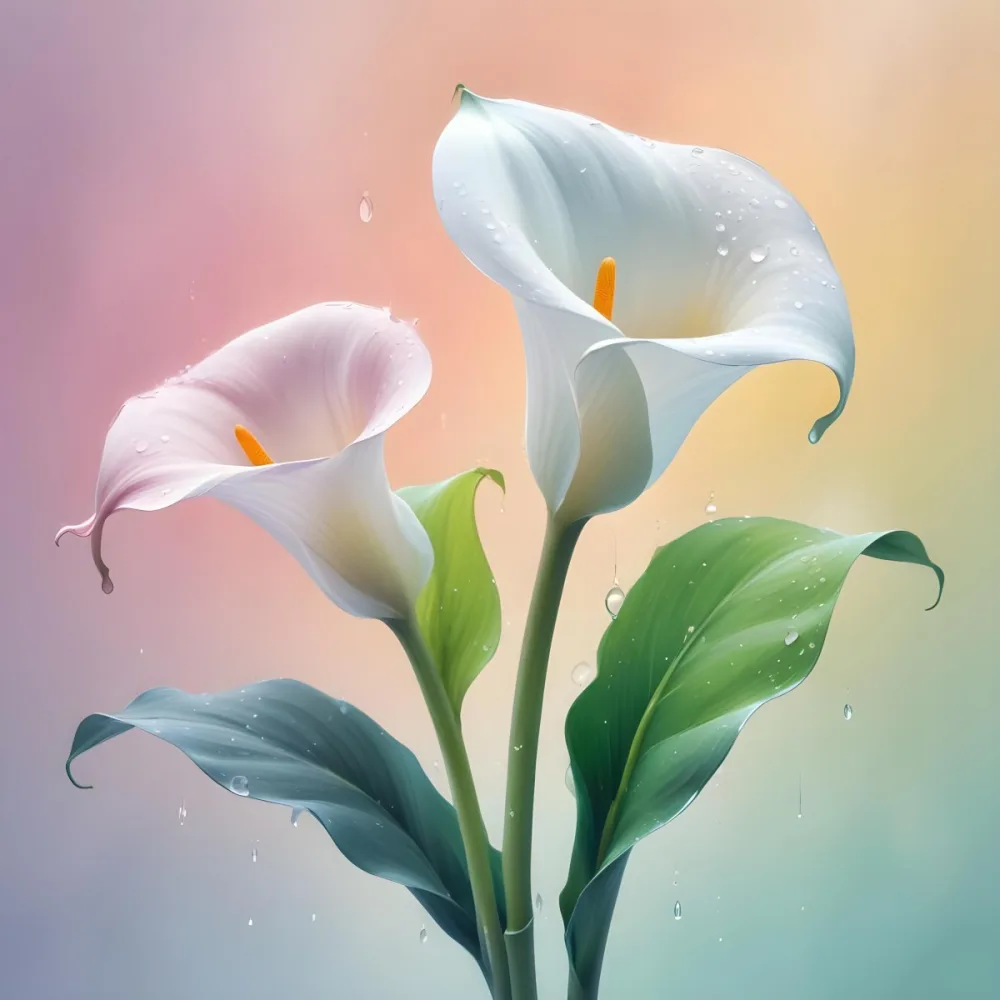 Two Calla Lilies With Water Droplets On The Leaves Pastel Colors Soft Lighting Smooth Gradients Elegant Composition Clean Lines Minimalist Style Against A Blurred Background 16 94f7