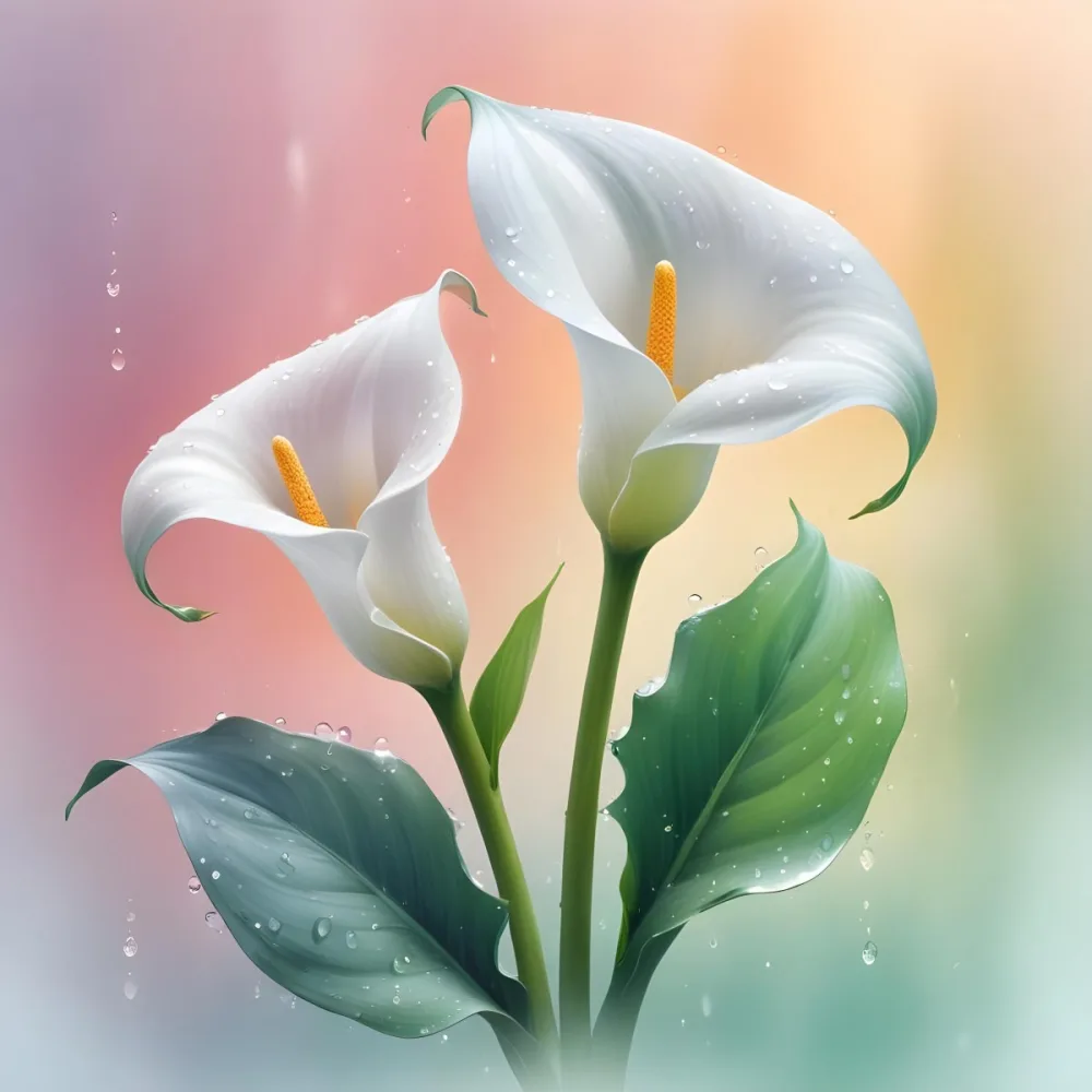Two Calla Lilies With Water Droplets On The Leaves Pastel Colors Soft Lighting Smooth Gradients Elegant Composition Clean Lines Minimalist Style Against A Blurred Background 18 7187