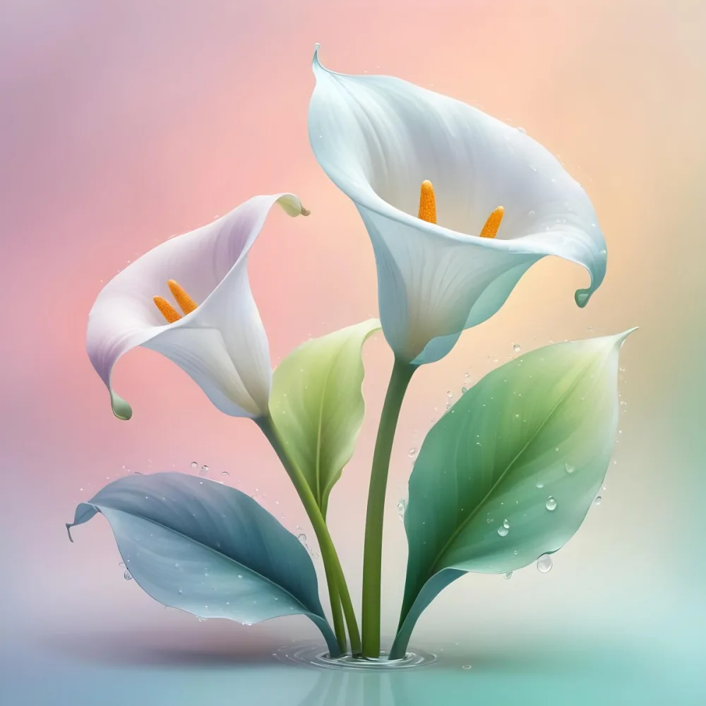 Two Calla Lilies With Water Droplets On The Leaves Pastel Colors Soft Lighting Smooth Gradients Elegant Composition Clean Lines Minimalist Style Against A Blurred Background 2 Db1c