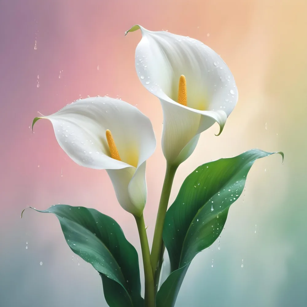 Two Calla Lilies With Water Droplets On The Leaves Pastel Colors Soft Lighting Smooth Gradients Elegant Composition Clean Lines Minimalist Style Against A Blurred Background 26 8a95