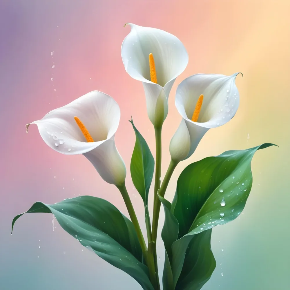 Two Calla Lilies With Water Droplets On The Leaves Pastel Colors Soft Lighting Smooth Gradients Elegant Composition Clean Lines Minimalist Style Against A Blurred Background 27 2b17