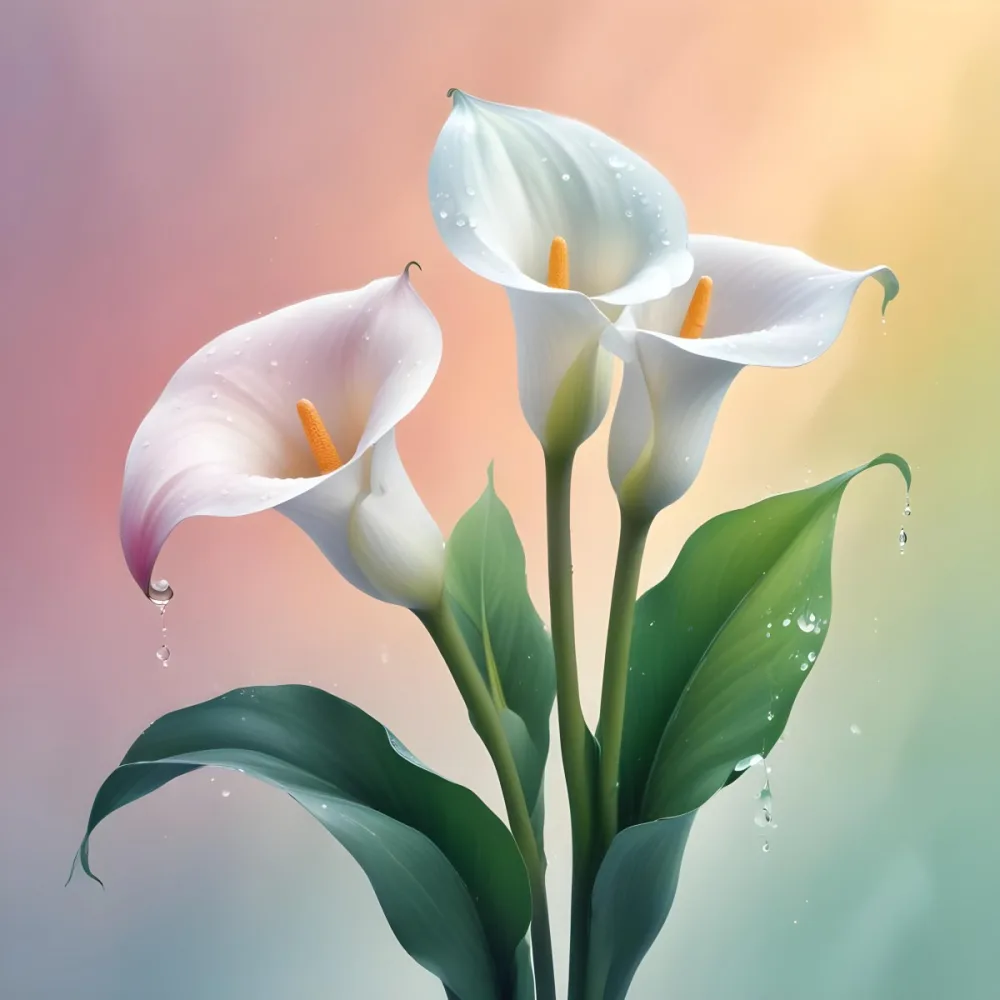Two Calla Lilies With Water Droplets On The Leaves Pastel Colors Soft Lighting Smooth Gradients Elegant Composition Clean Lines Minimalist Style Against A Blurred Background 32 77dc
