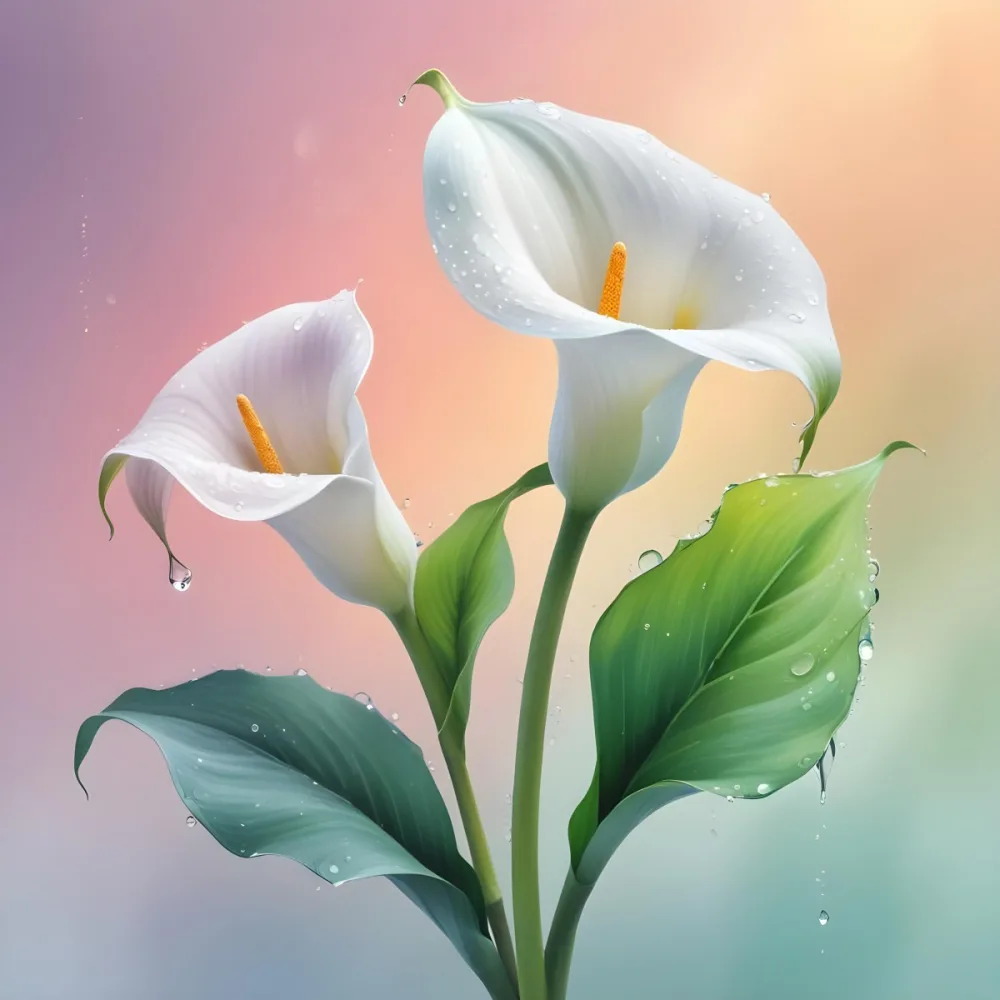 Two Calla Lilies With Water Droplets On The Leaves Pastel Colors Soft Lighting Smooth Gradients Elegant Composition Clean Lines Minimalist Style Against A Blurred Background 34 5041