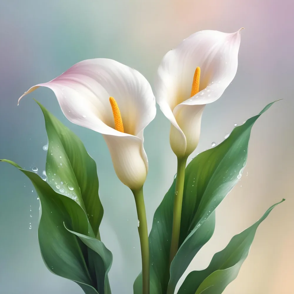 Two Calla Lilies With Water Droplets On The Leaves Pastel Colors Soft Lighting Smooth Gradients Elegant Composition Clean Lines Minimalist Style Against A Blurred Background 36 F62d