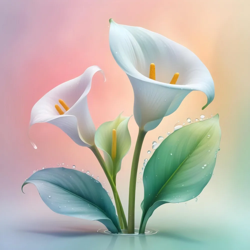 Two Calla Lilies With Water Droplets On The Leaves Pastel Colors Soft Lighting Smooth Gradients Elegant Composition Clean Lines Minimalist Style Against A Blurred Background 39 7e82