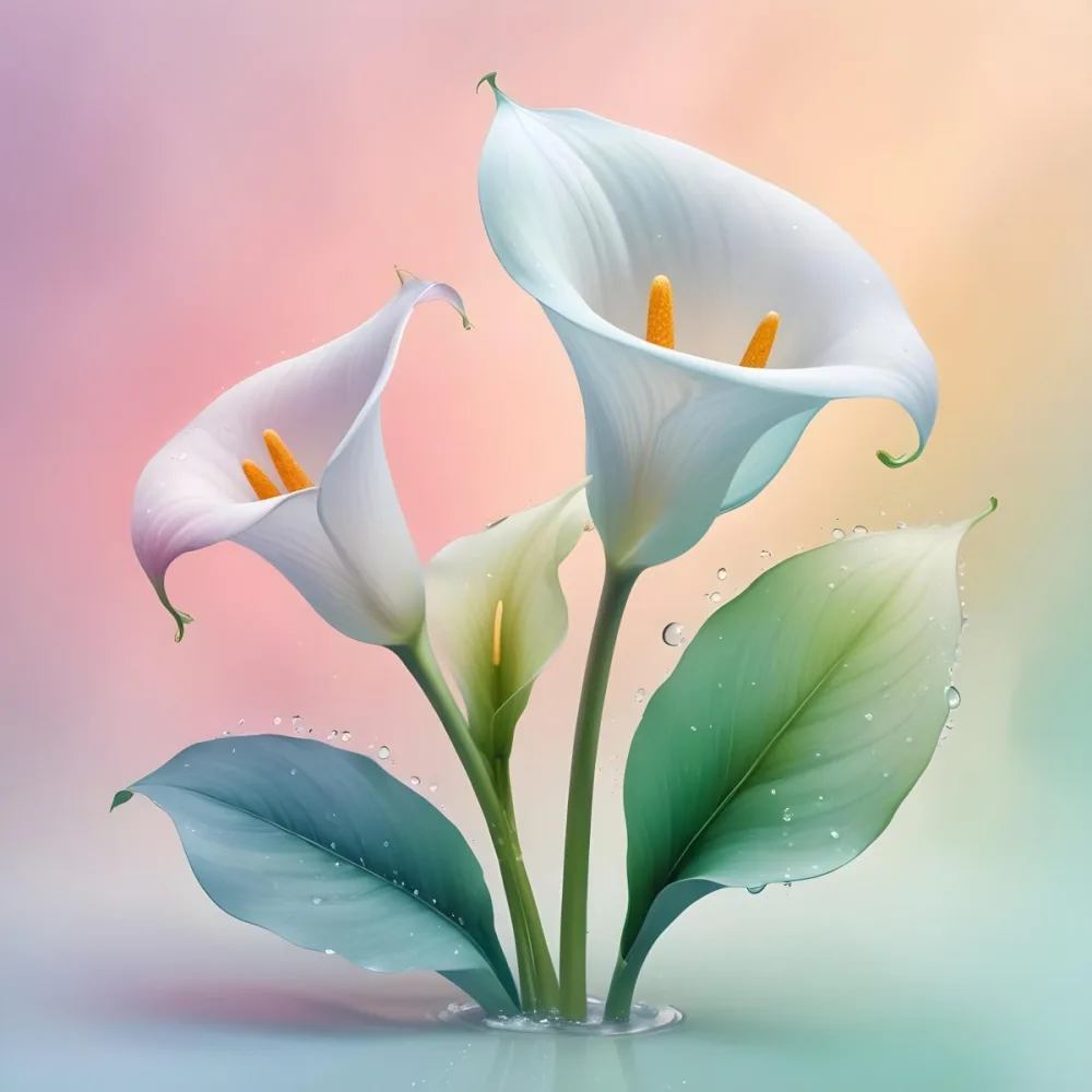 Two Calla Lilies With Water Droplets On The Leaves Pastel Colors Soft Lighting Smooth Gradients Elegant Composition Clean Lines Minimalist Style Against A Blurred Background 4 B952