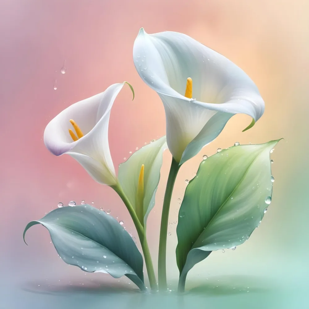 Two Calla Lilies With Water Droplets On The Leaves Pastel Colors Soft Lighting Smooth Gradients Elegant Composition Clean Lines Minimalist Style Against A Blurred Background 41 6ee4
