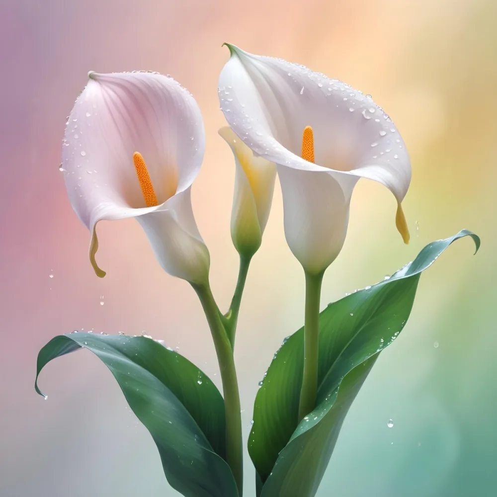 Two Calla Lilies With Water Droplets On The Leaves Pastel Colors Soft Lighting Smooth Gradients Elegant Composition Clean Lines Minimalist Style Against A Blurred Background 5 A134