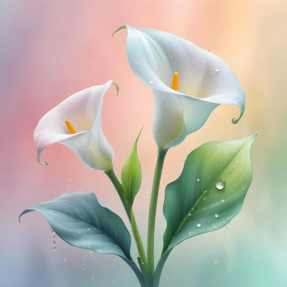 Two Calla Lilies With Water Droplets On The Leaves Pastel Colors Soft Lighting Smooth Gradients Elegant Composition Clean Lines Minimalist Style Against A Blurred Background 6 D6e2