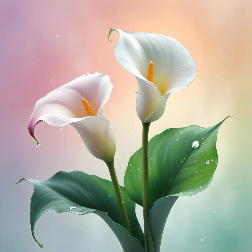 Two Calla Lilies With Water Droplets On The Leaves Pastel Colors Soft Lighting Smooth Gradients Elegant Composition Clean Lines Minimalist Style Against A Blurred Background 7 097e