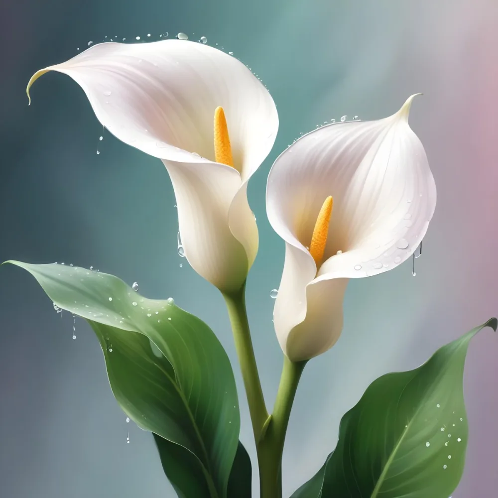Two Calla Lilies With Water Droplets On The Leaves Pastel Colors Soft Lighting Smooth Gradients Elegant Composition Clean Lines Minimalist Style Against A Blurred Background 9 A2dc