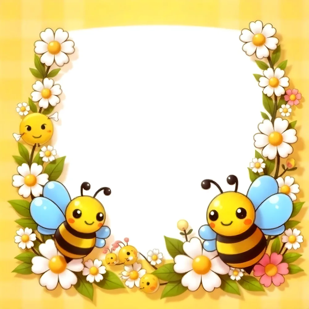 Two Cartoon Bees With Black Wings And Blue Antennas Surrounded By White And Yellow Flowers Black Background 8 Fdce