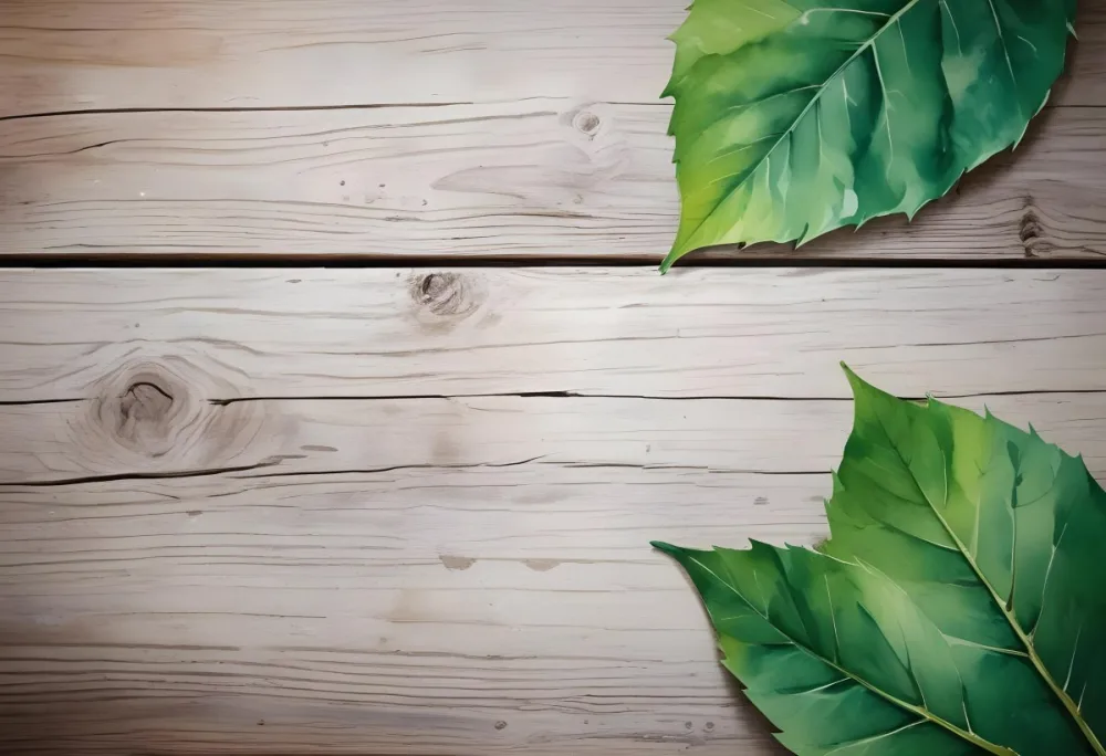 Two Green Leaves On The Corners Of A Wooden Table The Leaves Are Bright And Fresh The Table Is Old And Worn 37 2732