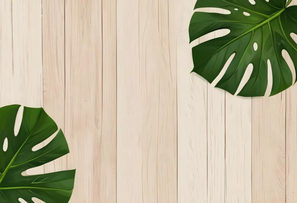 Two Green Monstera Leaves On The Corners Of A Wooden Planks Background Light Brown Color Vertical Lines Natural Light 13 A4f2