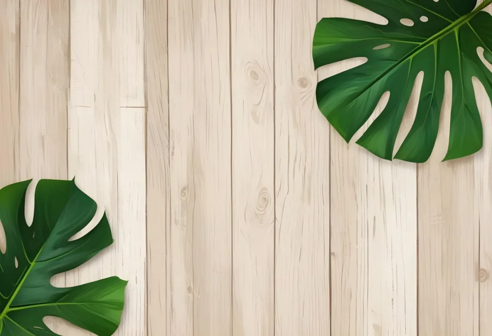 Two Green Monstera Leaves On The Corners Of A Wooden Planks Background Light Brown Color Vertical Lines Natural Light 16 37ca