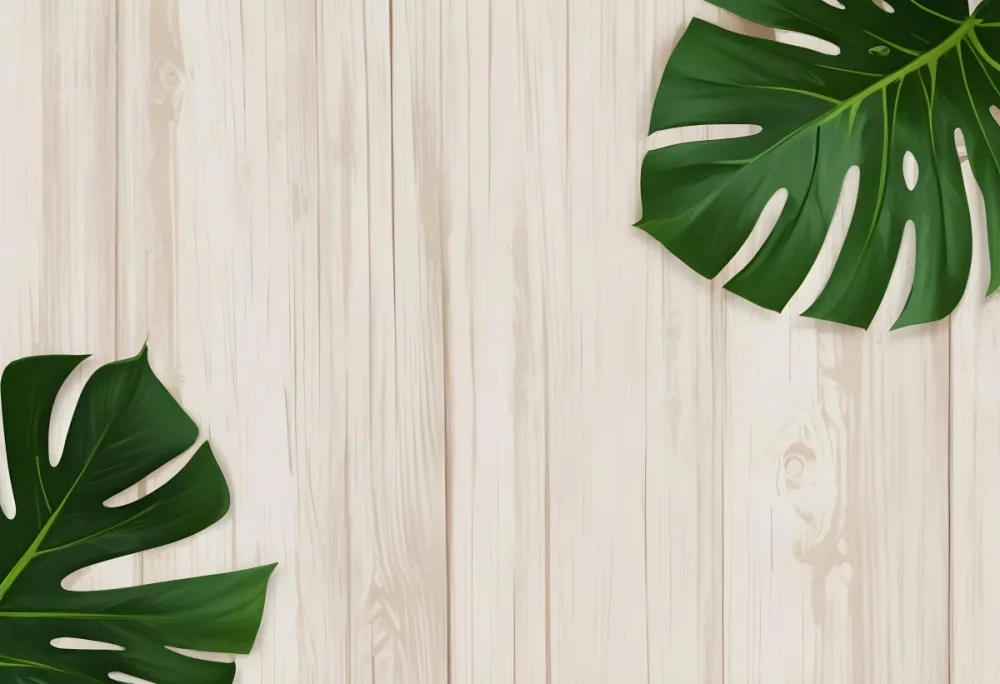 Two Green Monstera Leaves On The Corners Of A Wooden Planks Background Light Brown Color Vertical Lines Natural Light 19 F4b9