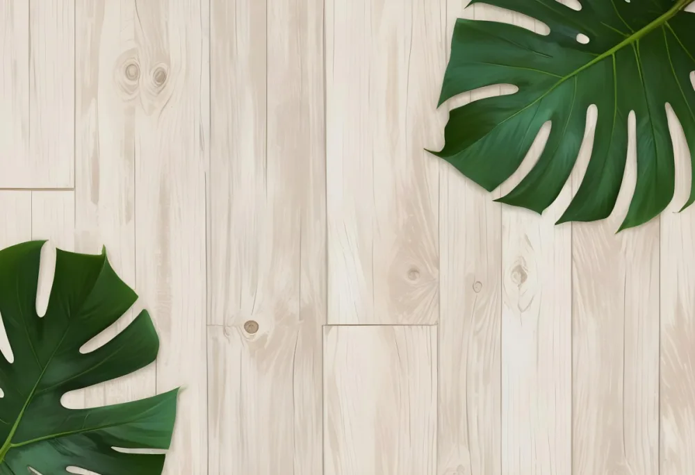 Two Green Monstera Leaves On The Corners Of A Wooden Planks Background Light Brown Color Vertical Lines Natural Light 2 3099