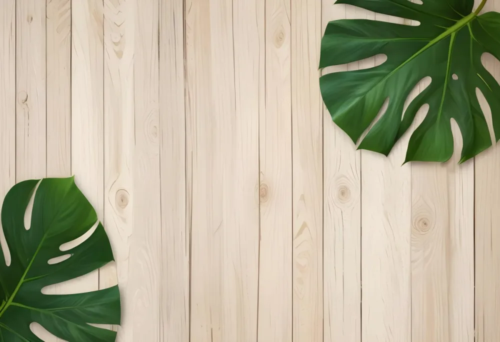 Two Green Monstera Leaves On The Corners Of A Wooden Planks Background Light Brown Color Vertical Lines Natural Light 27 9673