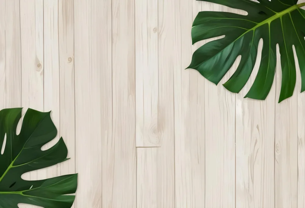 Two Green Monstera Leaves On The Corners Of A Wooden Planks Background Light Brown Color Vertical Lines Natural Light 35 33d2