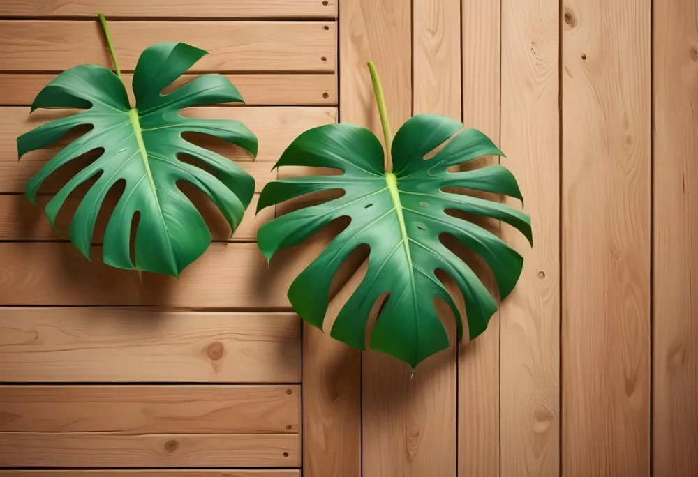 Two Green Monstera Leaves On The Corners Of A Wooden Planks Background Light Brown Color Vertical Lines Natural Light 7 F538