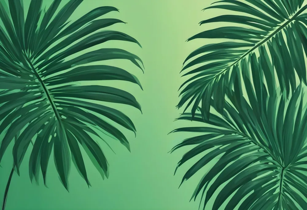 Two Green Palm Leaves On The Sides Symmetrical Composition Vibrant Green Background Tropical Theme Minimalist Design Bright Lighting Clean Aesthetic Summer Vibes Nature Inspired Simple And Elegant 10 B699