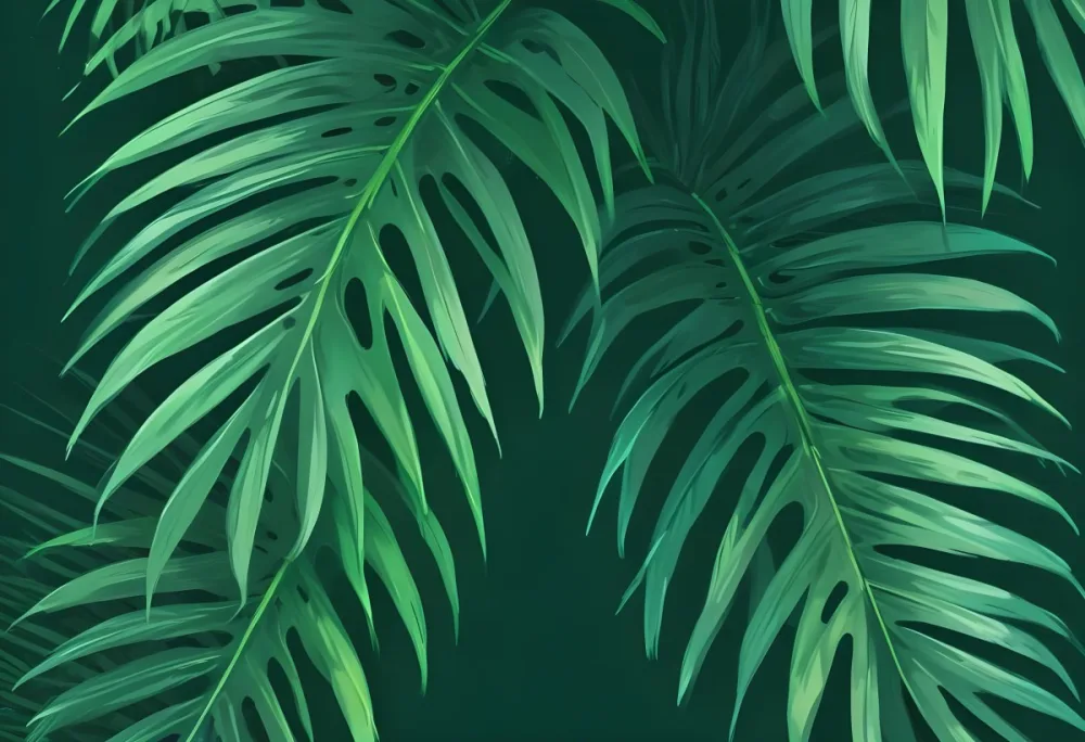 Two Green Palm Leaves On The Sides Symmetrical Composition Vibrant Green Background Tropical Theme Minimalist Design Bright Lighting Clean Aesthetic Summer Vibes Nature Inspired Simple And Elegant 37 F4ea